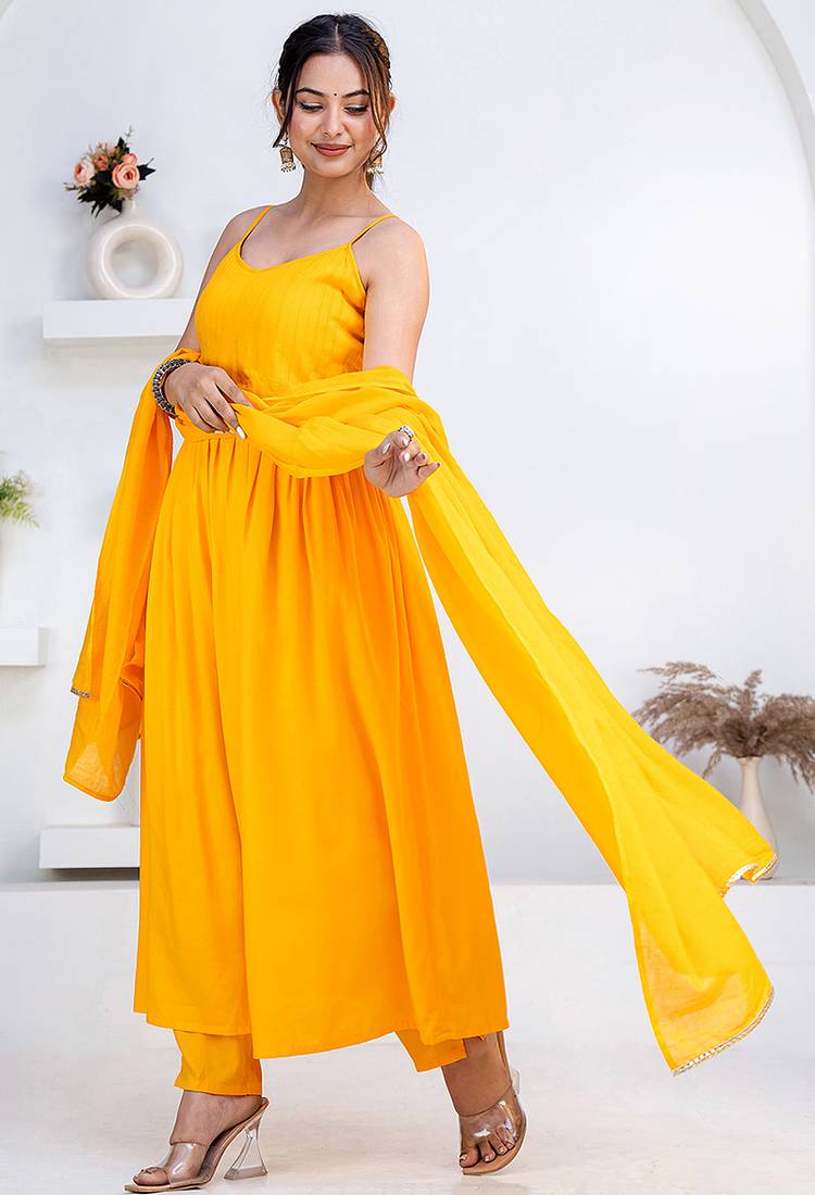 Mustard pintuck solid rayon stitched sleevless flared pant suit set