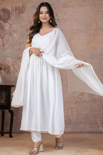 White pintuck solid rayon stitched sleevless flared pant suit set