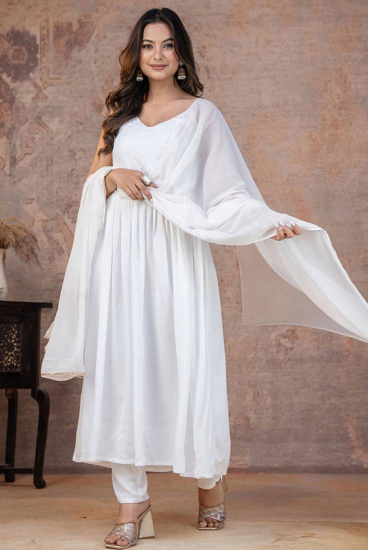 White pintuck solid rayon stitched sleevless flared pant suit set