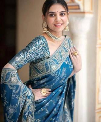 Teal blue silk blend saree with silver floral vines 2