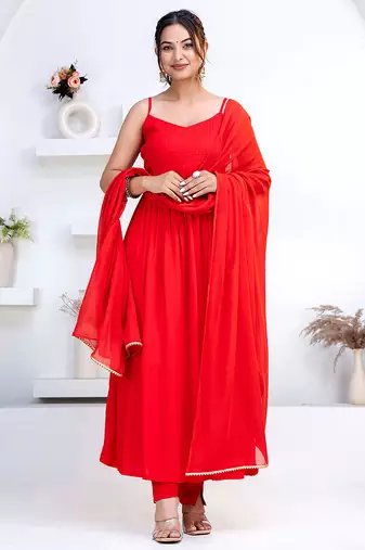 Red pintuck solid rayon stitched sleevless flared pant suit set