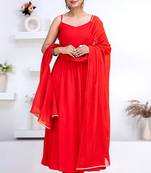 Red pintuck solid rayon stitched sleevless flared pant suit set