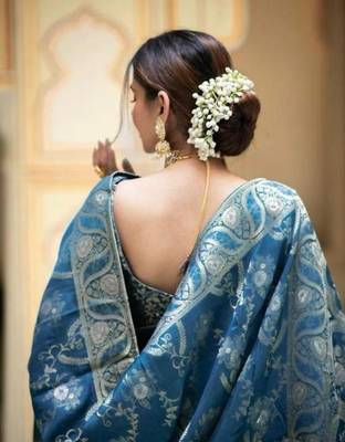 Teal blue silk blend saree with silver floral vines 4