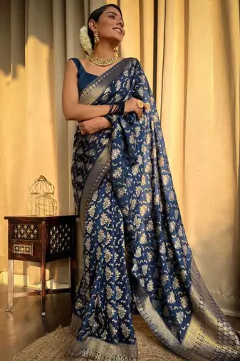 Navy blue silk blend saree