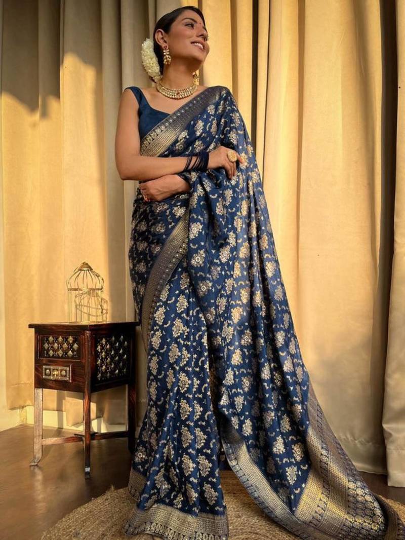 Navy blue silk blend saree