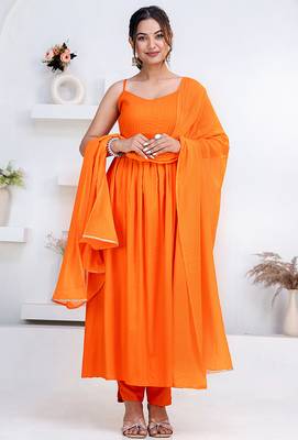 Orange pintuck solid rayon stitched sleevless flared pant suit set 1