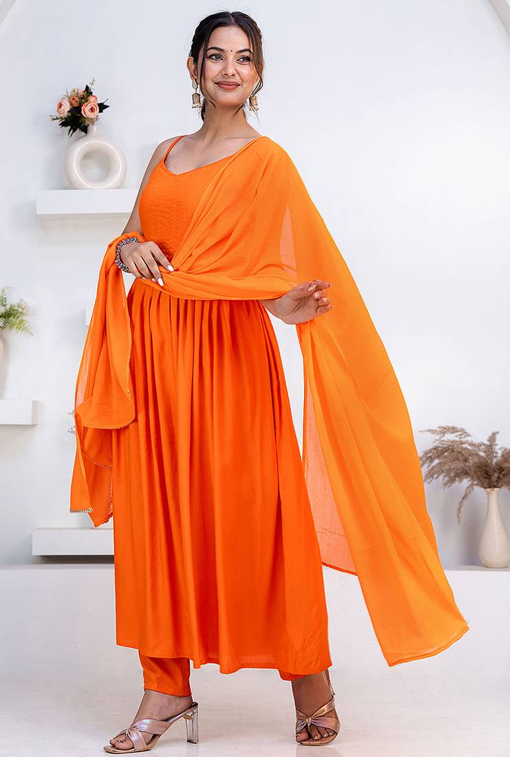 Orange pintuck solid rayon stitched sleevless flared pant suit set