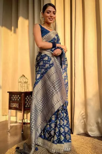 Navy blue silk blend saree