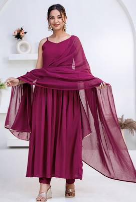 Purple pintuck solid rayon stitched sleevless flared pant suit set 1