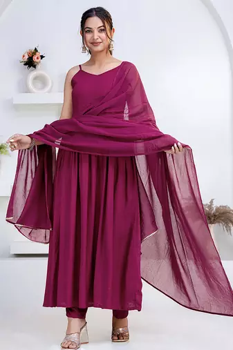 Purple pintuck solid rayon stitched sleevless flared pant suit set