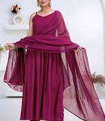 Purple pintuck solid rayon stitched sleevless flared pant suit set