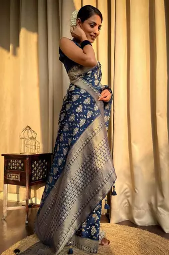 Navy blue silk blend saree