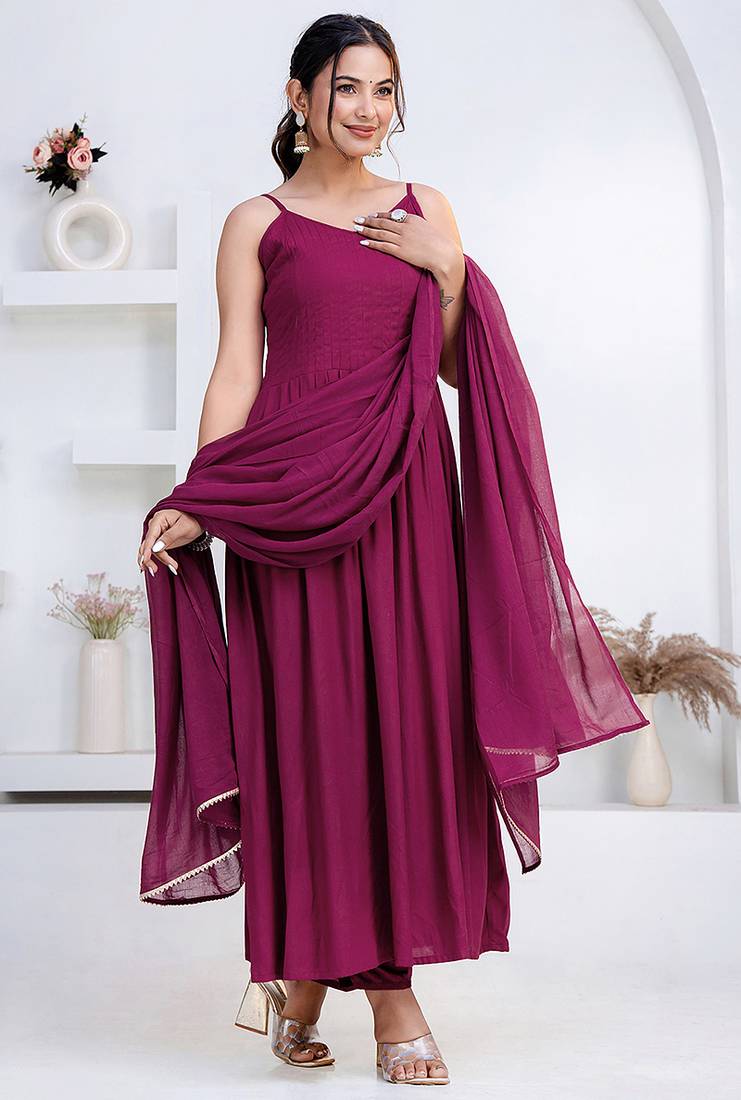 Purple pintuck solid rayon stitched sleevless flared pant suit set