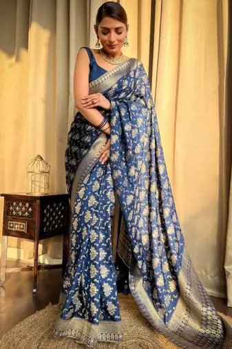 Navy blue silk blend saree