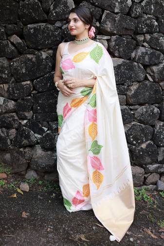 Off-white silk blend saree with colorful leaf motifs