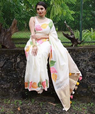 Off-white silk blend saree with colorful leaf motifs 2