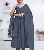 Grey pintuck solid rayon stitched sleevless flared pant suit set