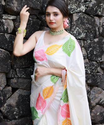 Off-white silk blend saree with colorful leaf motifs 4