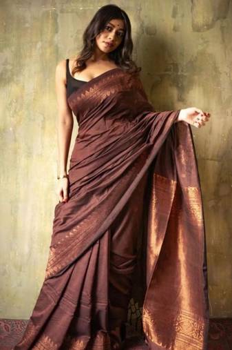 Chocolate brown silk blend saree with copper zari