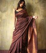 Chocolate brown silk blend saree with copper zari