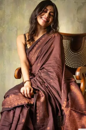 Chocolate brown silk blend saree with copper zari