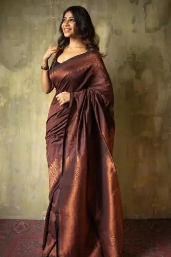 Chocolate brown silk blend saree with copper zari