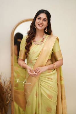 Lime green silk blend saree with golden leaf motifs 2