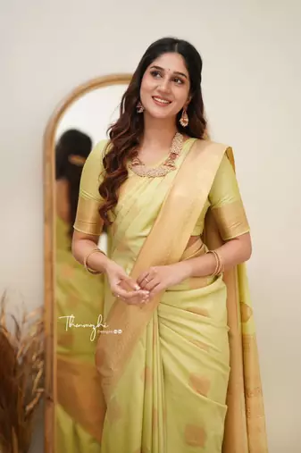 Lime green silk blend saree with golden leaf motifs