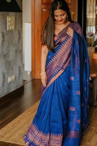 Royal blue silk blend saree with copper border