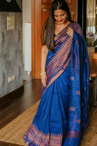 Royal blue silk blend saree with copper border