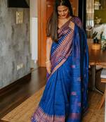Royal blue silk blend saree with copper border