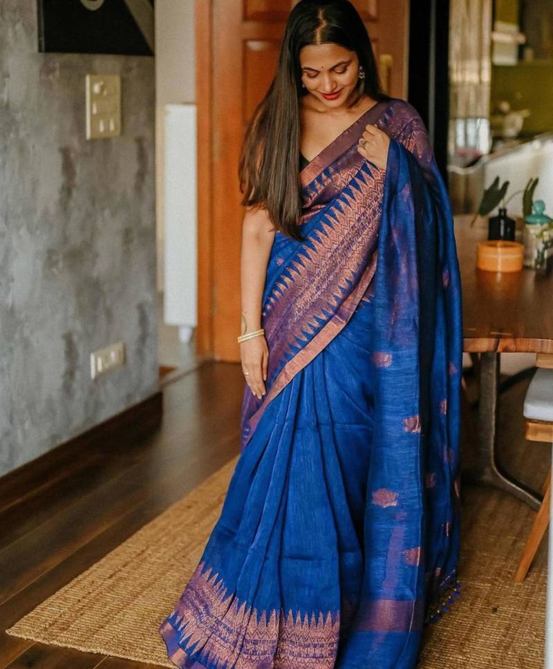 Royal blue silk blend saree with copper border