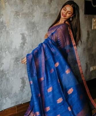 Royal blue silk blend saree with copper border 2