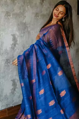 Royal blue silk blend saree with copper border