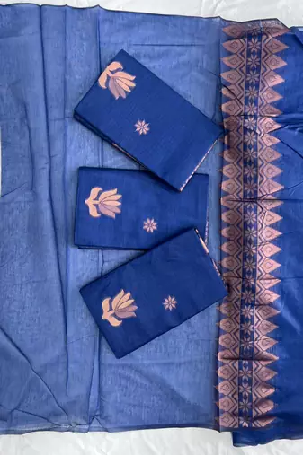 Royal blue silk blend saree with copper border