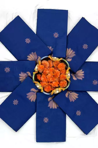 Royal blue silk blend saree with copper border