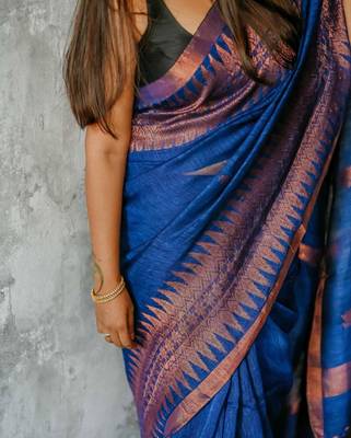 Royal blue silk blend saree with copper border 5