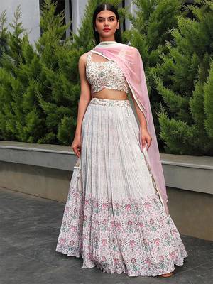 White Georgette Printed Lehenga Choli Unstitch Blouse with Dupatta For Women 1