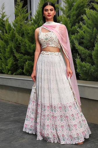 White Georgette Printed Lehenga Choli Unstitch Blouse with Dupatta For Women