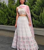 White Georgette Printed Lehenga Choli Unstitch Blouse with Dupatta For Women