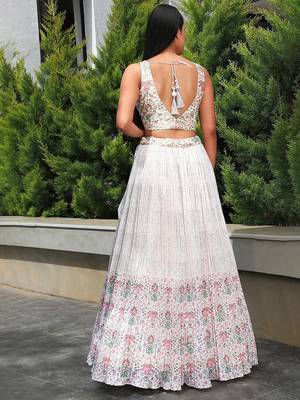 White Georgette Printed Lehenga Choli Unstitch Blouse with Dupatta For Women 2