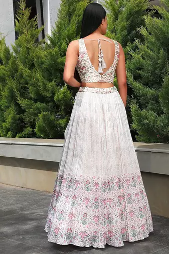 White Georgette Printed Lehenga Choli Unstitch Blouse with Dupatta For Women
