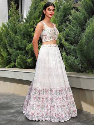 White Georgette Printed Lehenga Choli Unstitch Blouse with Dupatta For Women 3