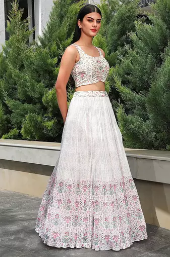White Georgette Printed Lehenga Choli Unstitch Blouse with Dupatta For Women