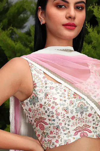 White Georgette Printed Lehenga Choli Unstitch Blouse with Dupatta For Women