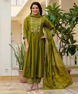 Pear Color Embroidery Thread With Real Mirror Hand Work Viscose Roman Silk Kurta Pent Set. 1