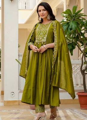 Pear Color Embroidery Thread With Real Mirror Hand Work Viscose Roman Silk Kurta Pent Set. 2