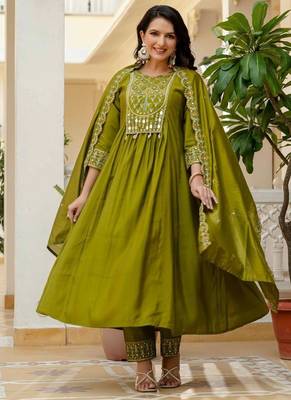 Pear Color Embroidery Thread With Real Mirror Hand Work Viscose Roman Silk Kurta Pent Set. 3