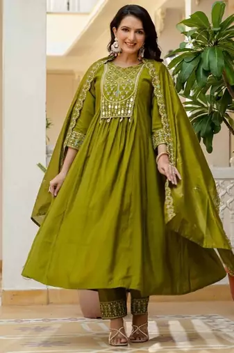 Pear Color Embroidery Thread With Real Mirror Hand Work Viscose Roman Silk Kurta Pent Set.
