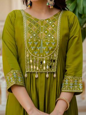Pear Color Embroidery Thread With Real Mirror Hand Work Viscose Roman Silk Kurta Pent Set. 5